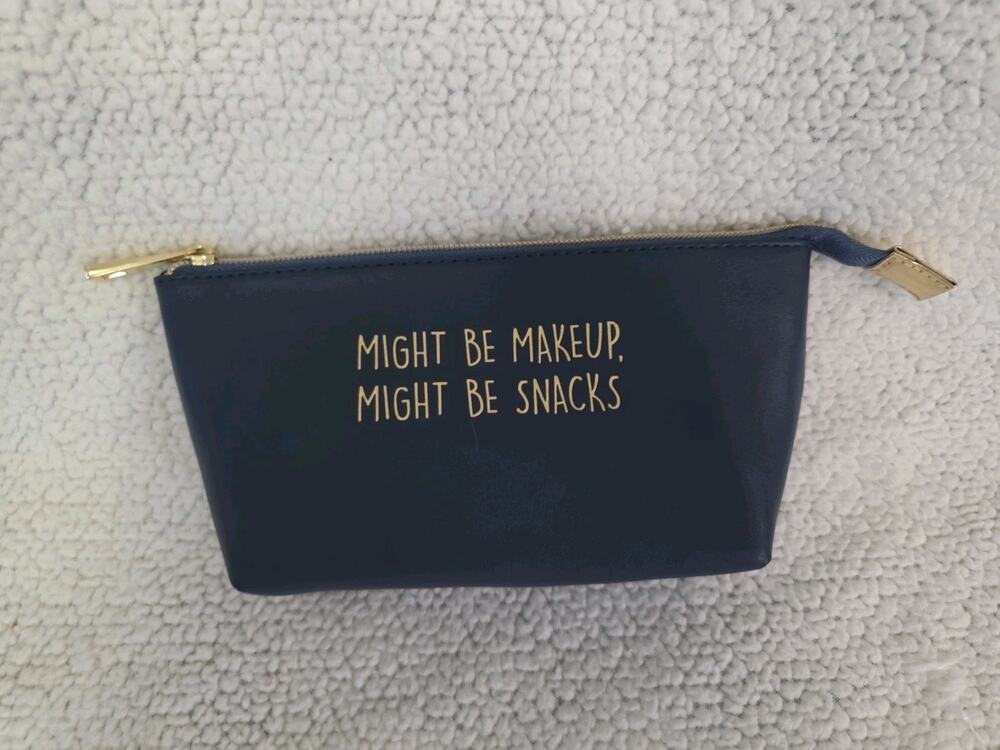 Festive Voice Small Makeup Bag Navy Blue Gold "Might Be Makeup, Might Be Snacks"